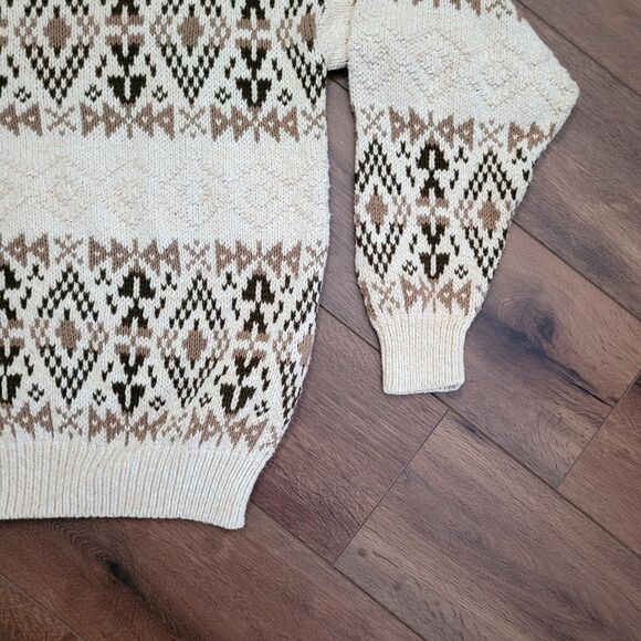 Vintage 90s Y2K Fair Isle Sweater Mens L Van Heusen 100% Cotton Cream Brown USA - Picture 7 of 14
